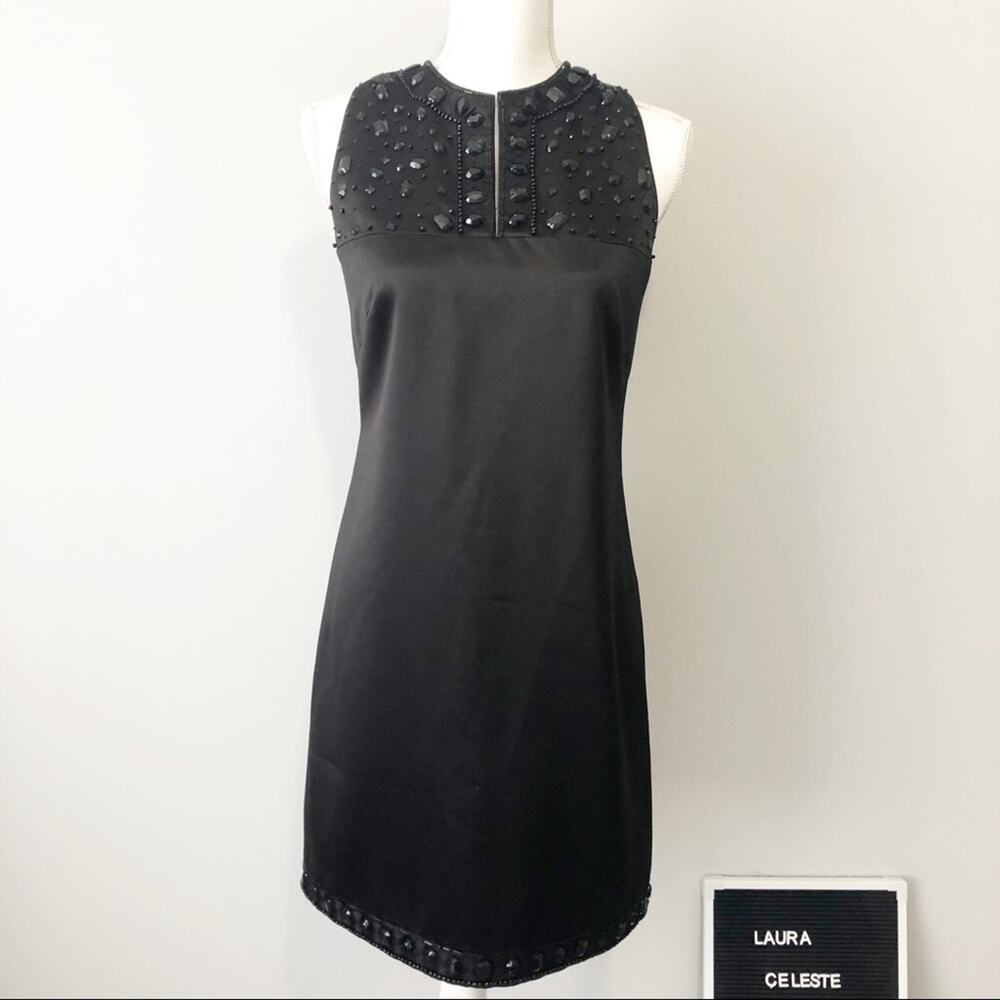 Laundry Shelli Segal black satin beaded dress 8 sleeveless cocktail sheath